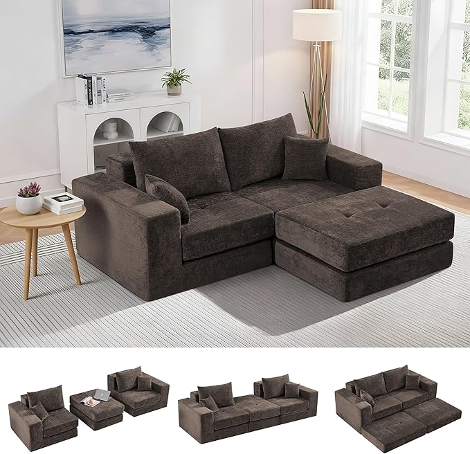 Boneless Sectional Loveseat Couch with Ottoman, Convertible Tufted Button Modular Floor Sleeper Sofa Bed, Comfy Foldable Compression Love Seat Sofa for Living Room, No Assembly, Brown
