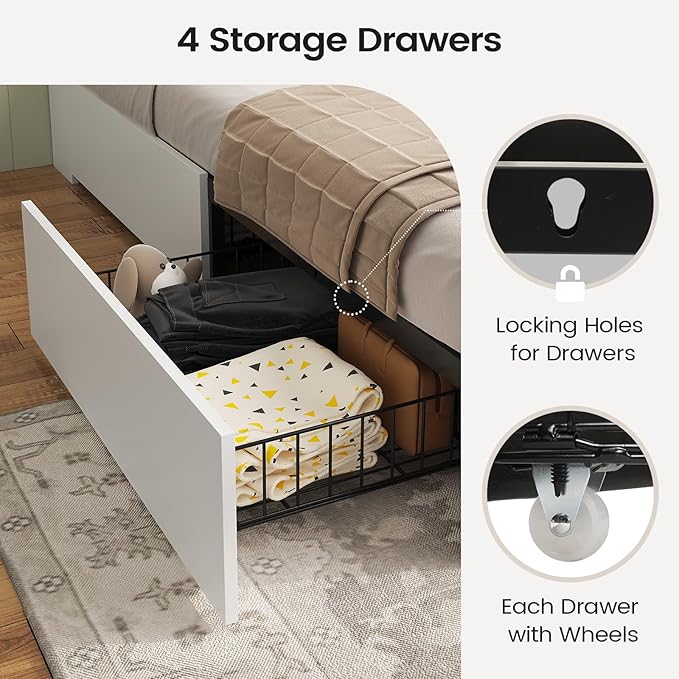 AOGLLATI Farmhouse Twin Bed Frame with 4 Storage Drawers and Charging Station,Wooden Led Twin Bed with Storage Hidden Space Headboard and Metal Slats,No Spring Box Needed,White