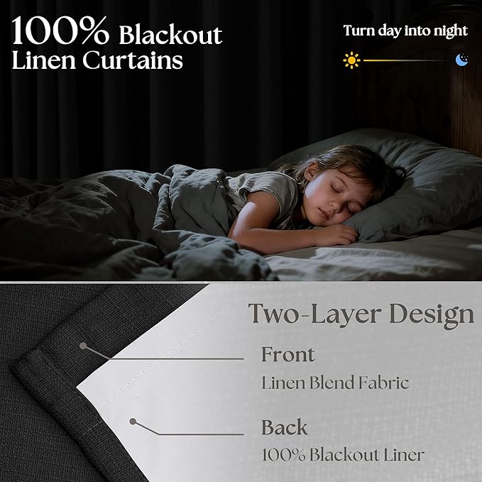 Black Blackout Pinch Pleated Linen Curtains 105 Inches Long for Living Room 2 Panels Thermal Insulted Dual Layer Drapes Ceiling Floor Back Tab 105 Inch Window Curtains Bedroom Sliding Glass Door
