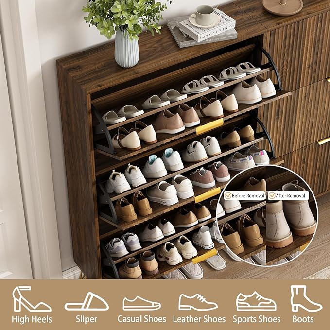 Shoe Cabinet with 3 Flip Drawer, Mid Century Shoe Cabinet Storage for Entryway Slim, Hidden Shoe Storage Cabinet, Freestanding Shoes Rack Organizer for Entryway, Walnut