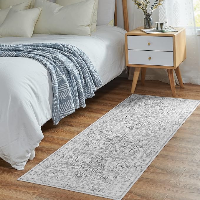 jinchan Lima Runner Rug 2x5 - Vintage Hallway Machine Washable Rug Floral Non Slip with Rubber Backing Ultra-Thin Carpet Runner for Kitchen Bedroom Laundry Room Farmhouse Entryway (2x5ft, Grey)