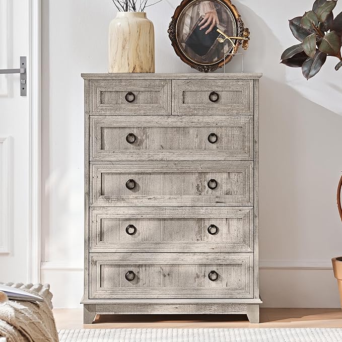 6 Drawer Dressers & Chest of Drawers, 41" Tall Small Dresser for Bedroom, Farmhouse Vintage Oak Dresser with Metal Handle, Storage Organizer Closet for Living Room Entryway Hallway
