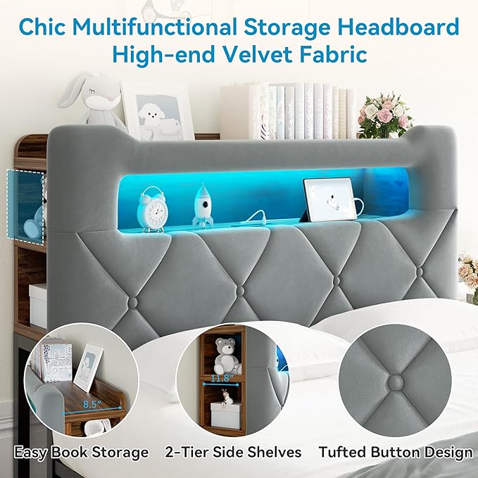 Queen Upholstered LED Bed Frame with 2 Storage Drawers and 2-Tier Storage Headboard, Velvet Platform Bed with Charging Station & Bookcase, Heavy Duty Metal Support, No Box Spring Needed, Grey