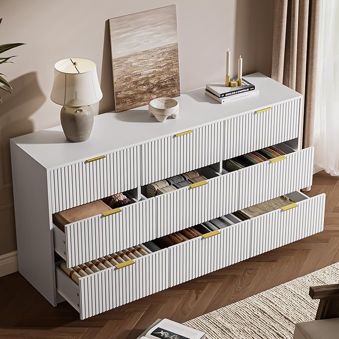 White 9 Drawer Dresser for Bedroom, 63" Wide Modern Fluted Dresser with Gold Metal Handles, Chest of Drawers for Bedroom, Living Room, Entryway, Hallway