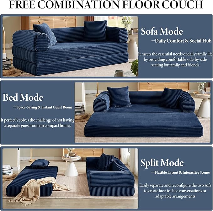 78 Inch Convertible Folding Sleeper Sofa Bed, Fold Out Floor Sofa Couch with Fixed-Shape Frame, Cloud Corduroy Foldable Mattress Couch for Living Room Bedroom (Blue)