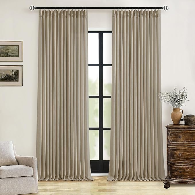Pleated Linen Curtains 90 Inches Long for Living Room Pinch Pleat Hooks Track System Back Tab Custom Made Memory Shape Drape Privacy Protection Grey Beige Living Room Bedroom Window Curtain 90 Inch