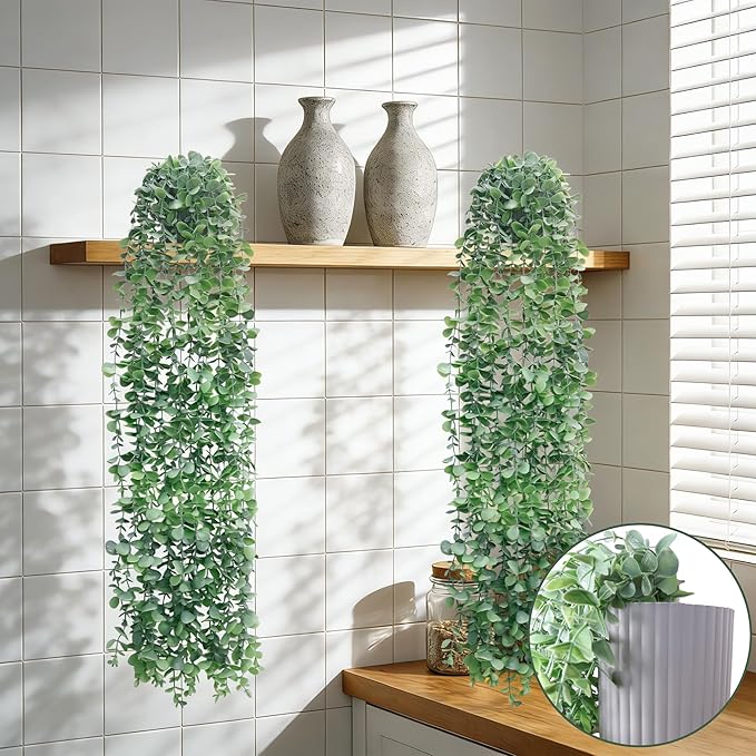 Artificial Hanging Plants for Shelf, Fake Potted Greenery 2-Pack Faux Eucalyptus Vine in Black Pot, Décor for Office Living Room Bathroom Indoor Outdoor