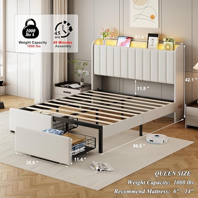 Queen Size Bed Frames with Storage Headboard and 2 Drawers, Upholstered Platform Bed Frame Queen with Led Lights and Handy Charging Station, No Box Spring Needed, Easy Assembly, Noise Free, Beige
