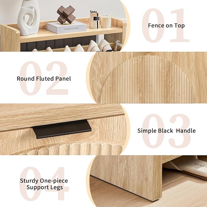 Narrow Shoe Cabinet with 2 Flip Drawers for Entryway,Wood Slim Shoe Rack Cabinet, Freestanding Hidden Shoe Storage Organizer, Space-Saving, Round Fluted Pattern for Hallway, Living Room (Natural)