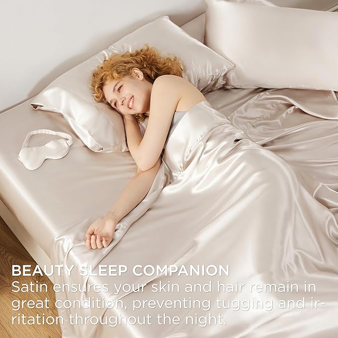 Bedsure Satin Sheets Queen Size - 4 Piece Silky Bedsheets with 15 Inches Deep Pocket Fitted Bedsheet,1 Flat Sheet, 2 Satin Pillowcases, Good for Hair & Skin (Queen, Beige)