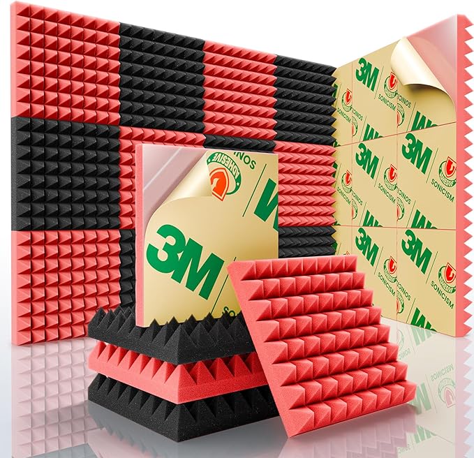 Sonicism Soundproof Wall Panels Self-Adhesive Pyramid 36 Pack,2" X 12" X 12" Acoustic Panels High Density Sound Proof Foam Panels for walls Fast Expand,Sound Absorption & Decoration(Black/Red)