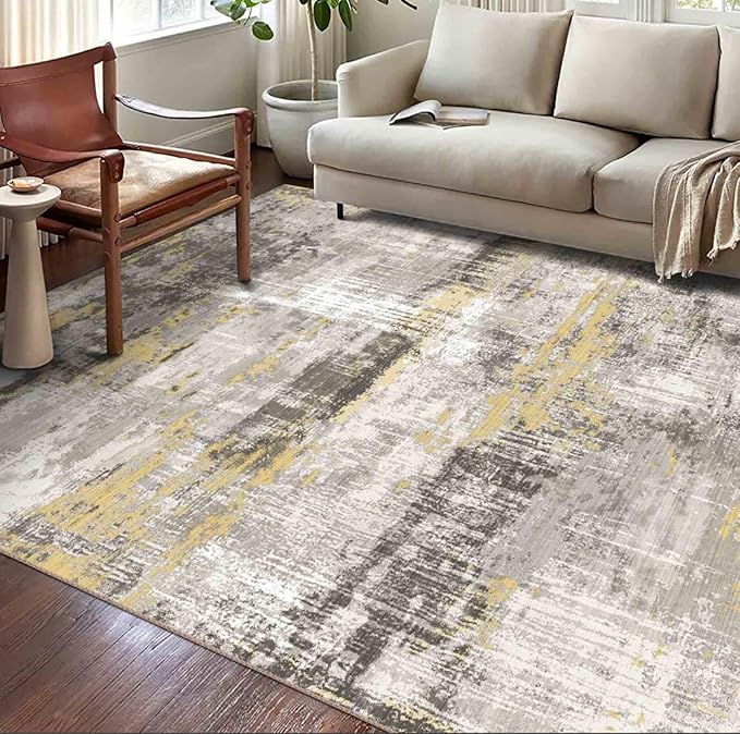 vivorug 9x12 Area Rugs for Living Room, Non Slip Machine Washable Modern Abstract Rug, Ultra-Thin Lightweight Large Area Rug for Bedroom, Dining Room, Low Pile Yellow