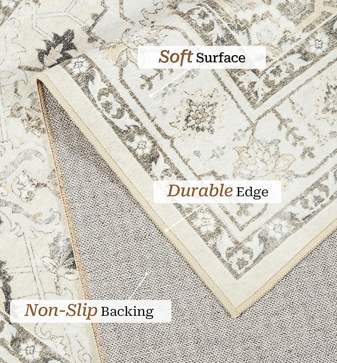 zesthome 5x7 Area Rugs, Machine Washable Rugs for Living Room, Bedroom,Stain Resistant Vintage Large Area Rug,Non-Slip Medallion Pattern Home Decor Rugs (Beige,5'x7')