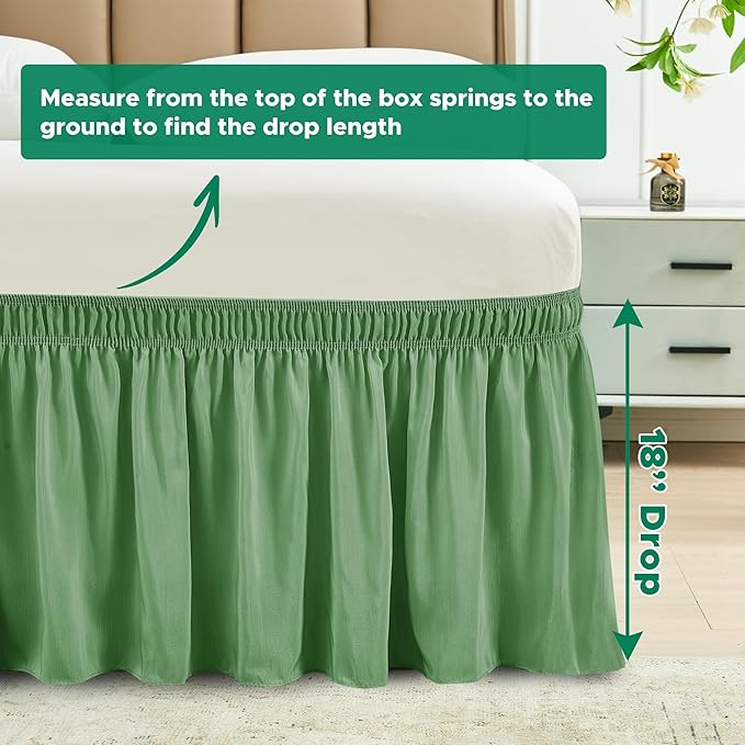 Biscaynebay Wrap Around Bed Skirts for King & Cal King Beds 18" Drop, Sage Adjustable Elastic Dust Ruffles Easy Fit Wrinkle Resistant Silky Luxurious Fabric Machine Washable