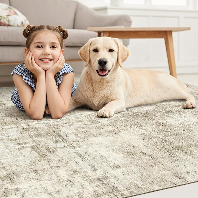 10x14 Area Rugs for Living Room, Non Slip Machine Washable Vintage Carpets, Low Pile Lightweight Large Rug for Bedroom, Dining Room, Home Office Beige Gray