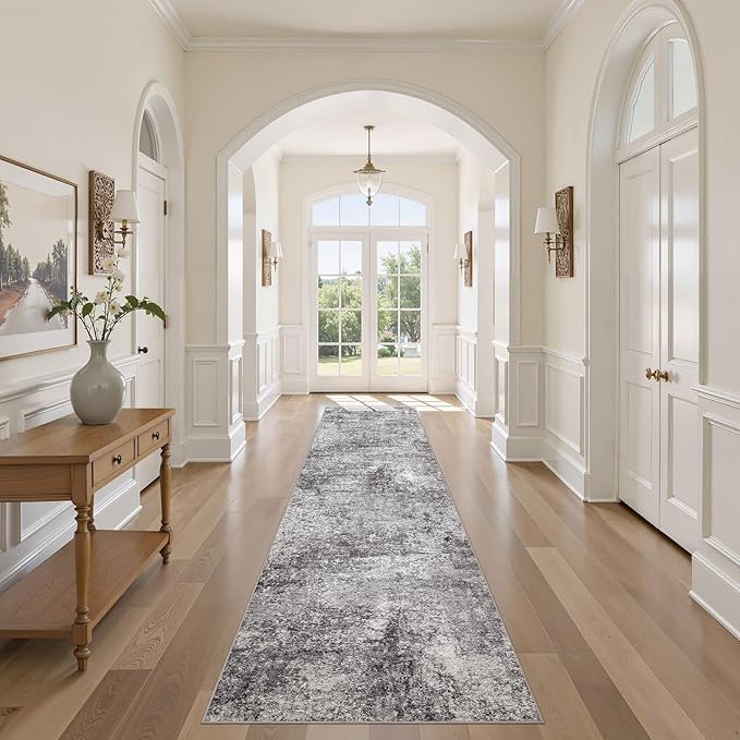 Washable Runner Rug for Hallway: 2.6x10 Neutral Modern Abstract Low Pile Area Rug with Non-Slip Backing - Carpet for Bedroom Kitchen Laundry Entryway Bathroom Indoor - Grey