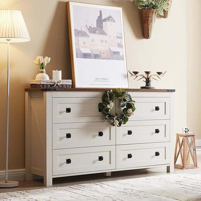 T4TREAM Farmhouse 6 Drawers Dresser for Bedroom, Wood Rustic Wide Chest of Drawers, Storage Dressers Organizer for Bedroom, Living Room, Hallway, Antique White