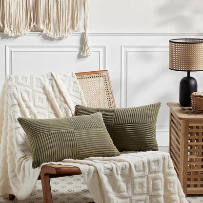 Fancy Homi 2 Packs Olive Green Long Lumbar Decorative Throw Pillow Covers 16x24 Inch for Couch Bed Sofa, Rustic Farmhouse Boho Home Decor, Soft Striped Corduroy Rectangle Accent Cushion Case 40x60 cm