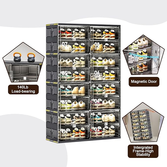 24 Pairs Portable Shoe Storage Cabinent of 3-Step Fast Installation,Plastic Shoe Box with Magnetic Clear Door for Entryway, Enclosed Shoe Rack for Sneaker, Heels etc.. (2Row, 6Tier)