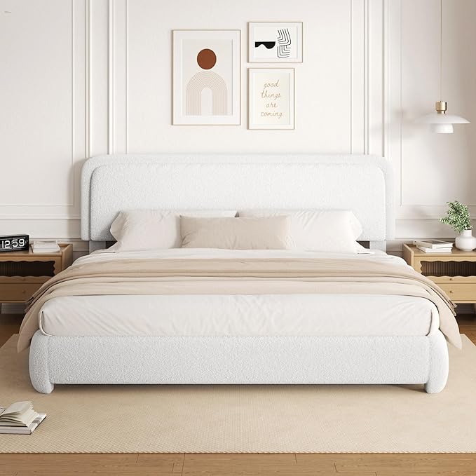 King Size Boucle Bed Frame, Upholstered Cloud Platform Bed Frame with Headboard, Anti-Collision Soft Rounded Corners, No Box Spring Required, Easy Assembly, Noise Free, Adjustable Headboard