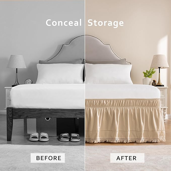MIYE Wrap Around Ruffled Lace Bed Skirt, Elastic Dust Ruffle with Adjustable Belts, Easy to Put On, Bed Frame Cover, Machine Washable (Tassel Ruffle/Beige, Full/Twin-18 Drop)