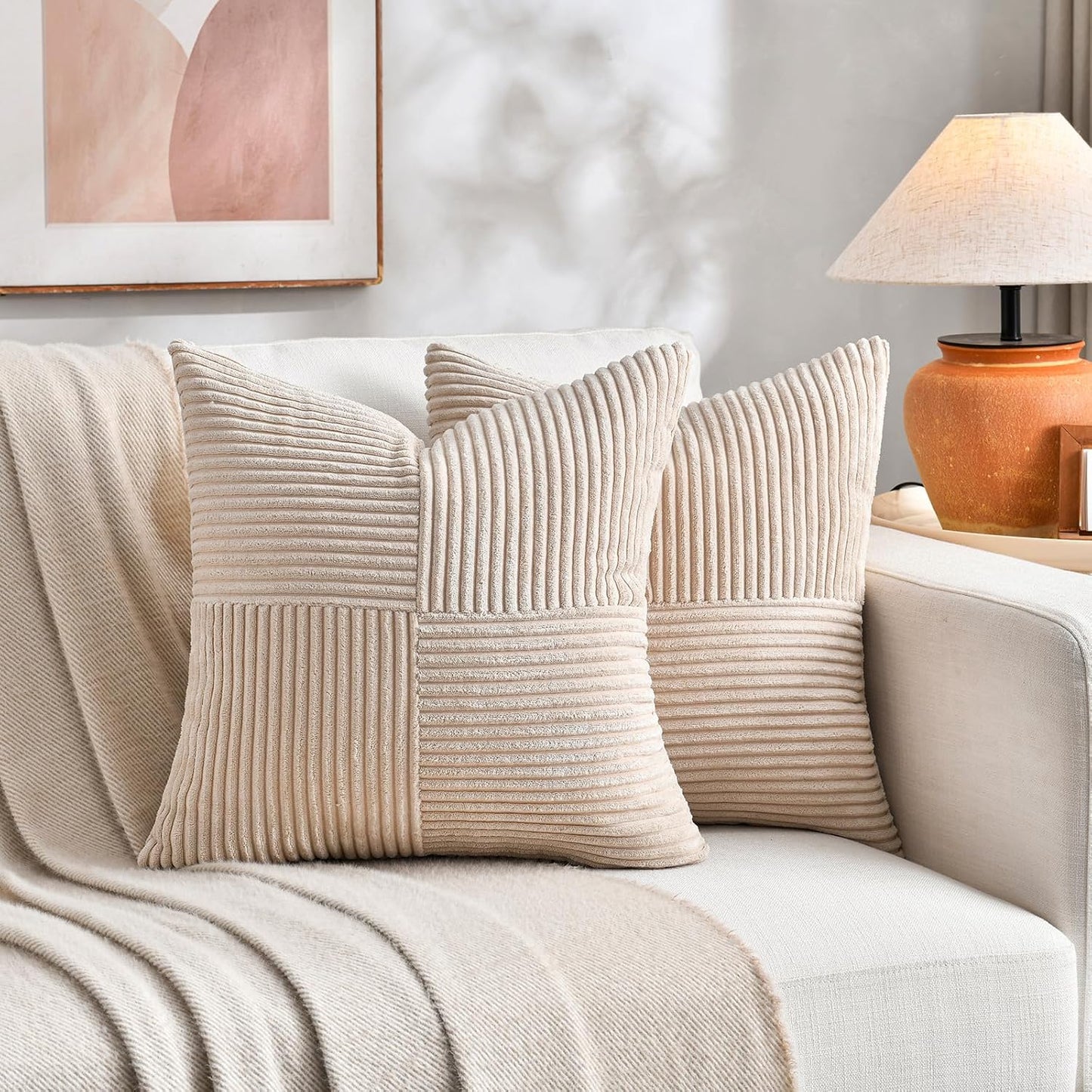 Fancy Homi 2 Packs Tan Samll Decorative Throw Pillow Covers 14x14 Inch with for Couch Bed Sofa, Rustic Farmhouse Boho Home Decor, Soft Corss Patchwork Corduroy Square Beige Cushion Case 35x35 cm