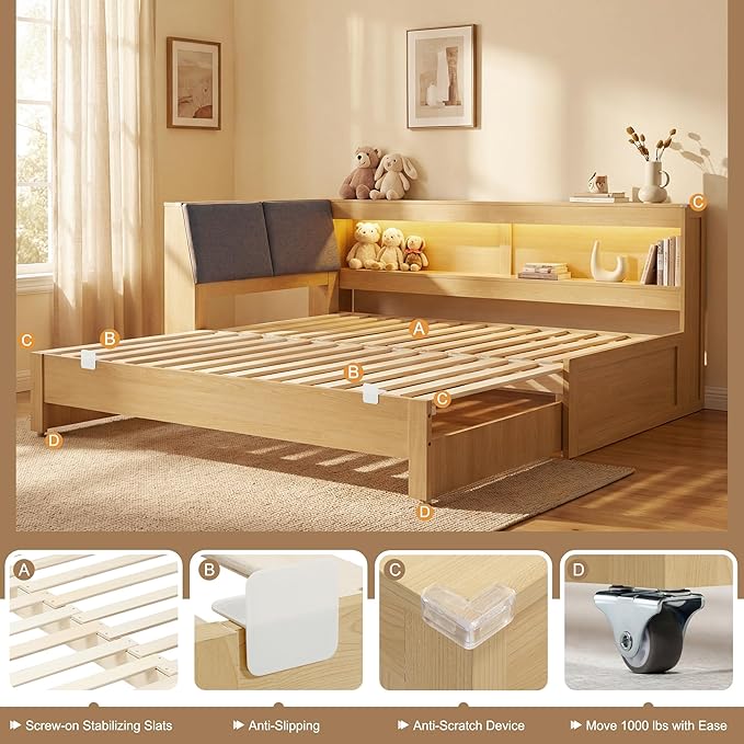 Corner Bed Frame with Extendable Trundle Bed and Bookcase Upholstered Headboard, 3-in-1 Twin Size Wood Daybed with LED Lights and Charging Station, for Bedroom, Guest Room, Natural Oak