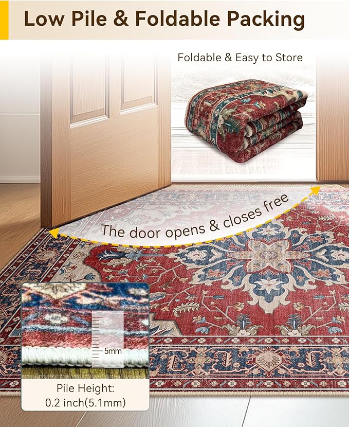 Area Rugs Round 8ft Washable Non-Slip, Floral Vintage Distress Print Pattern Medallion Carpet for Living Room Bedroom Dining Room, Red Blue