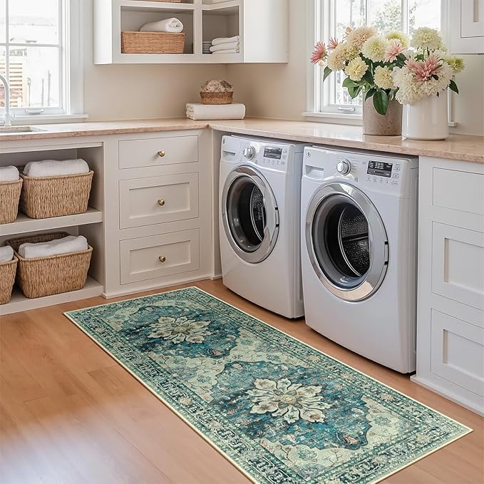 Area Rugs 2'x5' Washable Non-Slip, Floral Vintage Distress Print Pattern Medallion Carpet for Living Room Bedroom Dining Room, Dark Blue Vintage