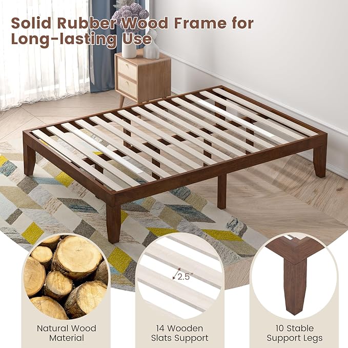 Giantex 14 Inch Full Platform Bed Frame, Minimalist Style Mattress Foundation with Solid Rubber Wood, Heavy Duty Wood Slat Support, Without Headboard, Easy Assembly, No Box Spring Needed,Walnut