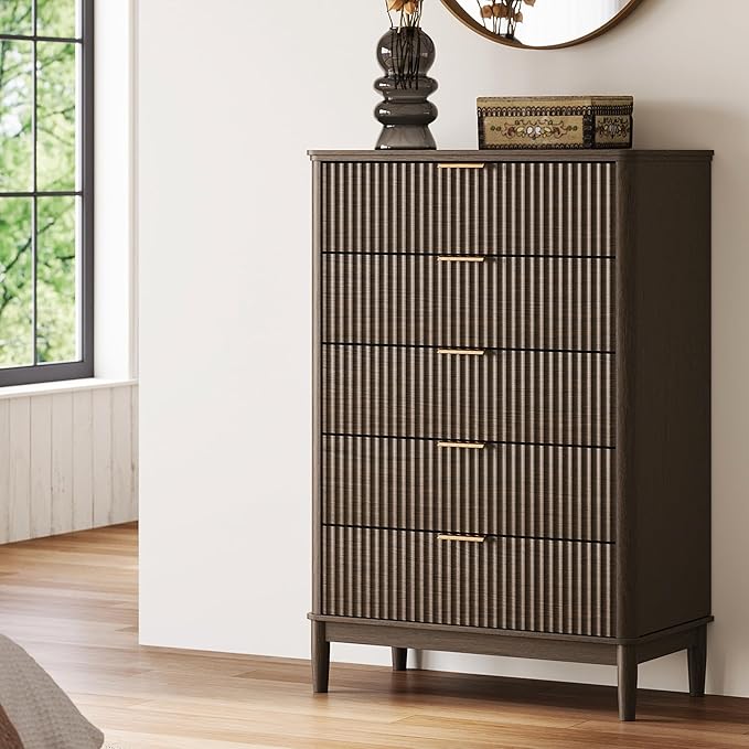 LINSY Fluted Dresser for Bedroom with 5 Drawers, Mid Century Modern Chest of Drawers with Gold Metal Handles, Tall Boho Wood Dressers, Large Farmhouse Storage Cabinet for Bedroom, Living Room, Walnut
