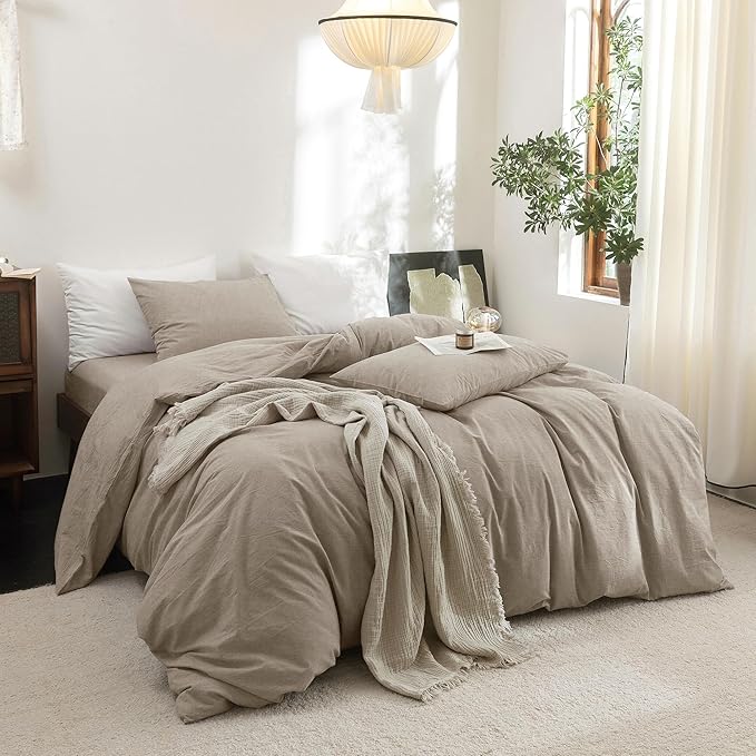 FOSSA Duvet Cover Set 100% Washed Cotton Linen Feel Super Soft Breathable Cozy 3 Pieces Bedding Sets Solid Tannish Linen Grey Full/Double