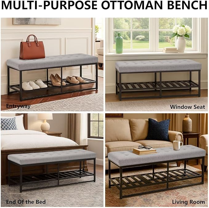 Storage Ottoman Bench with Upholstered Tufted Linen Fabric, Large End of Bed Bench with Iron Frame Rectangular Foot Stool for Living Room, Bedroom, Entryway Gray