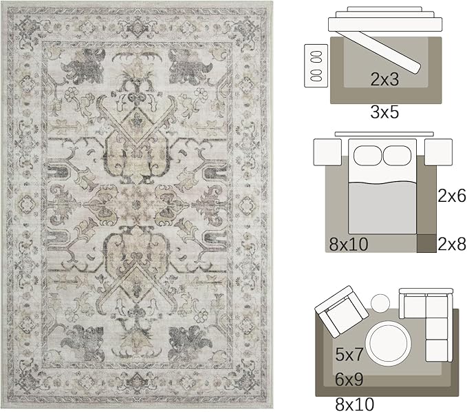 jinchan 8x10 Area Rugs for Living Room Washable Soft Throw Rug Ultra-Thin Stain Resistant Non-Slip Distressed Vintage Floral Large Carpet for Bedroom, Dining Room, Home Office, Nursery (8x10ft, Taupe)