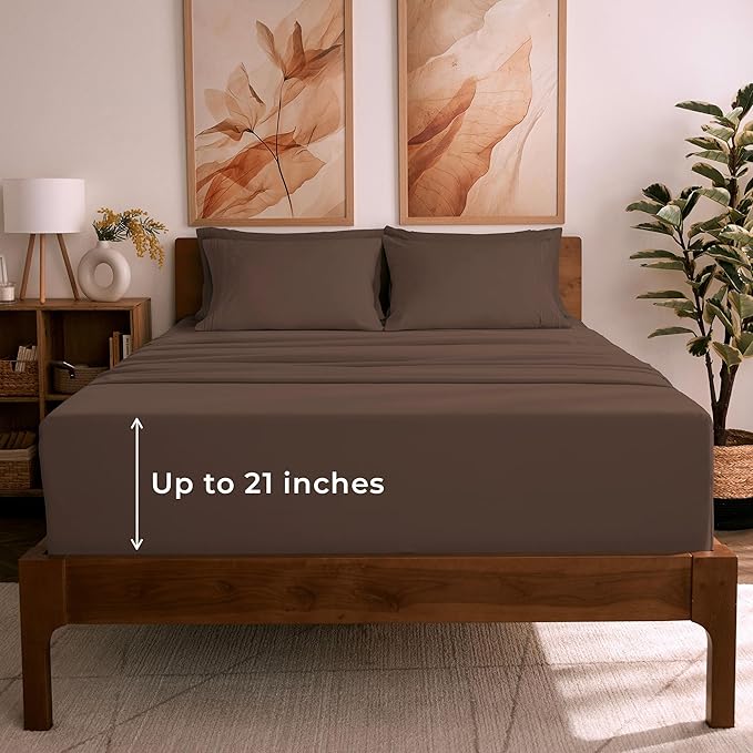 Mellanni King Sheet Set - 6-Piece Iconic Collection Bedding, (Including 4 Pillowcases), 21-Inch Extra Deep Pocket, Easy Care, Ultra Soft, Cooling Sheets, Brushed Microfiber - Brown