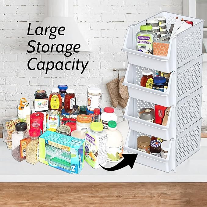 TidyFriend Stackable Storage Bins for Pantry, 4 Pack Stackable Bins For Organizing Food, Kitchen, and Bathroom Essentials (White)