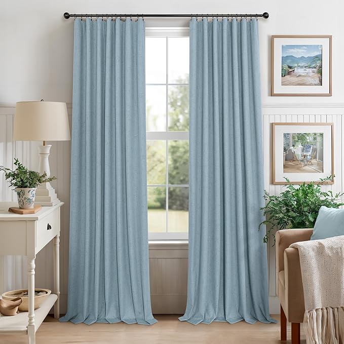 Slate Stone Blue Linen Blackout Curtains 90 Inch Long 2 Panels for Boys Bedroom Kids Back Tab Rod Pocket Pleated Thermal Insulated Energy Efficiency Full Shading Panels for Living Room 52 Inch Wide