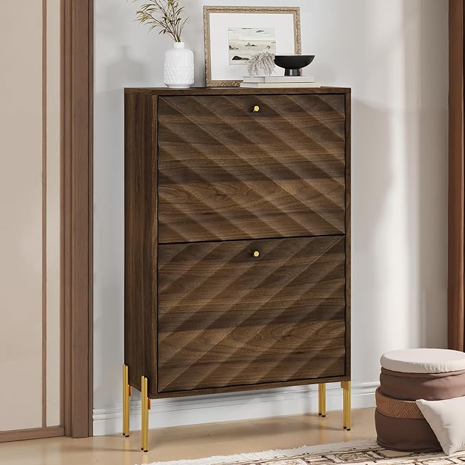 Smuxee Walnut Shoe Cabinet with 2 Flip Drawers, 23.6" Hidden Shoe Storage Cabinet with Golden Metal Feet, Freestanding Shoe Organizer Cabinet for Entryway, Hallway, Living Room