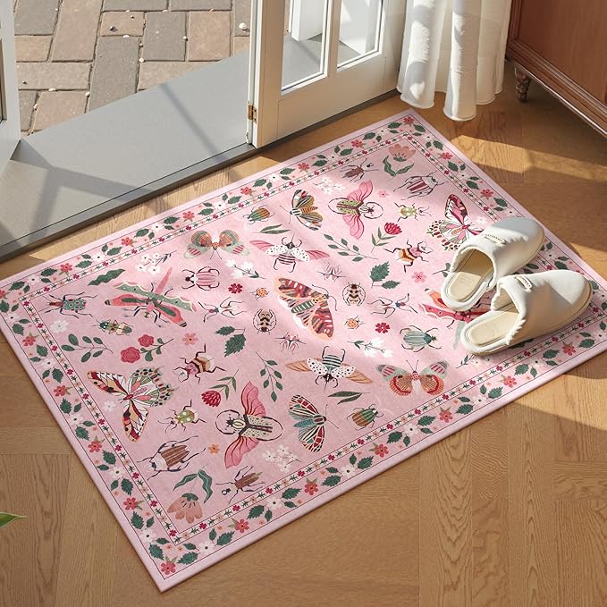 Lahome Insect Washable Rug, 2x3 Kitchen Rugs for Entryway Bathroom, Soft Door Mat Indoor Entrance Ultra-Thin, Small Non-Slip Throw Carpet for Bedroom Entry, Pink