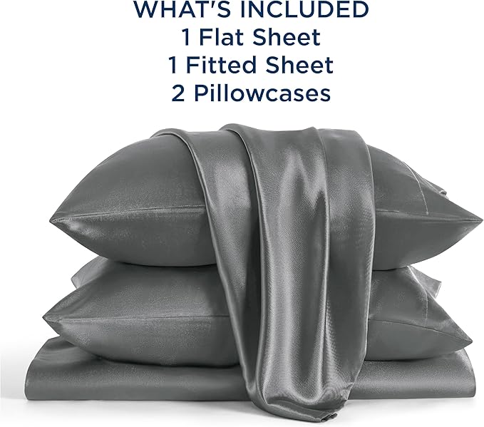 Bedsure Satin Sheets Queen Size - 4 Piece Silky Bedsheets with 15 Inches Deep Pocket Fitted Bedsheet,1 Flat Sheet, 2 Satin Pillowcases, Good for Hair & Skin (Queen, Dark Grey)
