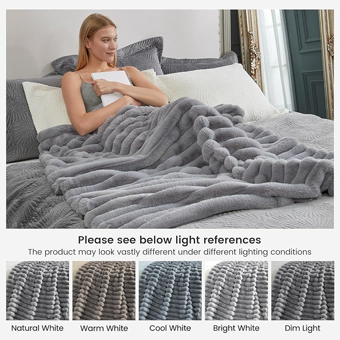 Cozy Bliss Faux Fur Throw Blanket for Couch, Cozy Warm Plush Striped Blanket for Sofa Bedroom Living Room, 90 * 90 Inches Gray