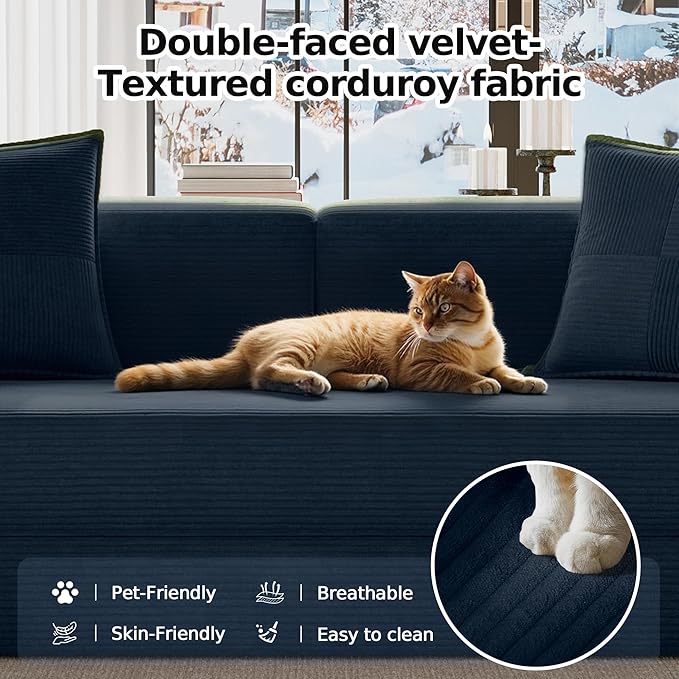 78.8" Convertible Futon Sofa Bed,Corduroy Futon Couch with Storage Pocket,Folding Pull Out Sofa,No Assembly Boneless Couch for Living Room,Navy