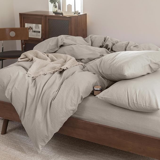 FOSSA Duvet Cover Set 100% Washed Cotton Linen Feel Super Soft Breathable Cozy 3 Pieces Bedding Sets Solid Cream Grey California King