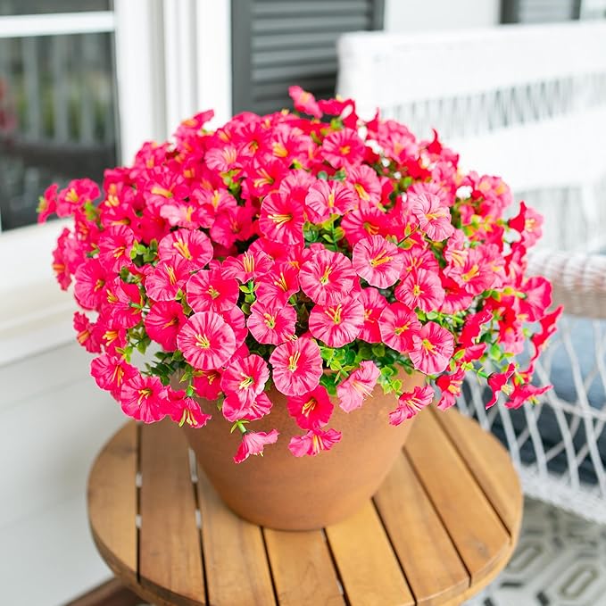 Fake Plants Artificial Flowers for Outdoor Outside Decor, 12 Bundles Faux Flowers Silk Hot Pink Morning Glory with Eucalyptus Look Real UV Resistant Faux Greenery for Planter Front Door Porch Patio