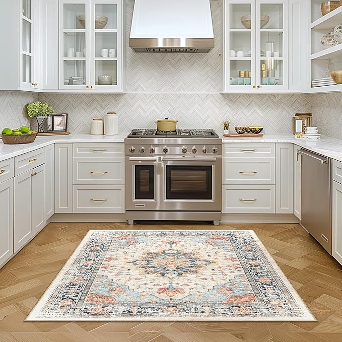 Area Rugs Square 6ft Washable Non-Slip, Floral Vintage Distress Print Pattern Medallion Carpet for Living Room Bedroom Dining Room, Beige Navy Blue Orange Colorful