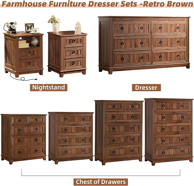 Bedroom Dresser and Nightstand Sets 4 Piece, Farmhouse 6 Drawers Dresser & 40.5" Tall Chest of Drawers,18" Nightstands with Charging Station,54" Wide Furniture Dressers for Bedroom,Living Room