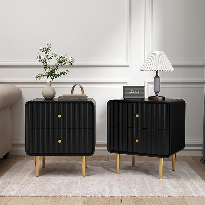 HLR Modern Nightstand, Fluted Bed Side Table with 2 Drawers Storage, Wood End Table with Gold Metal Handle, Black Night Stands for Bedroom