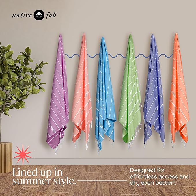 Native Fab 6 Pack Turkish Beach Towels, Oversized 40"x71", 100% Cotton, Thin & Lightweight, Quick-Dry, Sand-Free, Soft, Travel Friendly, Compact, Ideal for Pool, Spa, Gym, Beach - Multi 6 Colors
