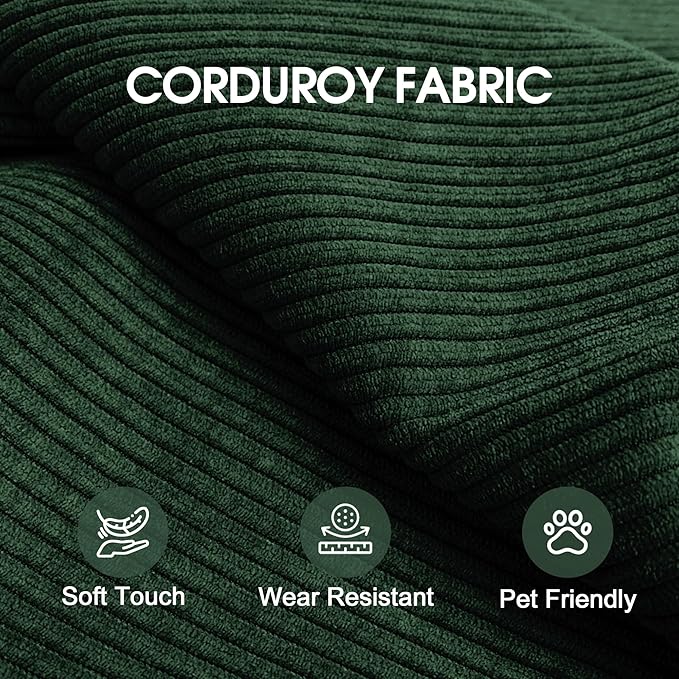 79" Convertible Sofa Bed, Corduroy Folding Pull Out Couch with Pillows, No Assembly Modern Boneless Couch Compression Sofa in Box, Floor Sofa with Support Rods for Living Room,Dark Green