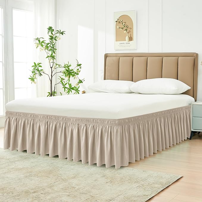 Biscaynebay Wrap Around Bed Skirts for Queen Size Beds 18" Long Drop, Light Camel Elastic Dust Ruffles Easy Fit Wrinkle & Fade Resistant Silky Luxurious Fabric Solid Machine Washable